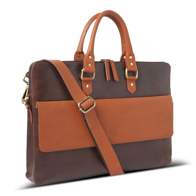 Brown and orange leather laptop bag with a strap on a white background