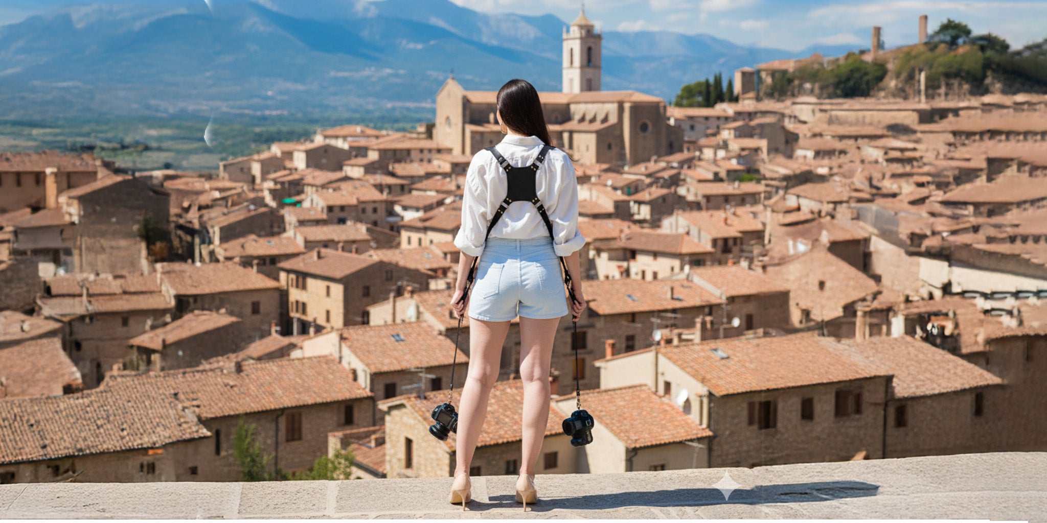 women standing on a rooftop overlooking a historic town with mountains in the background and waring camera strap