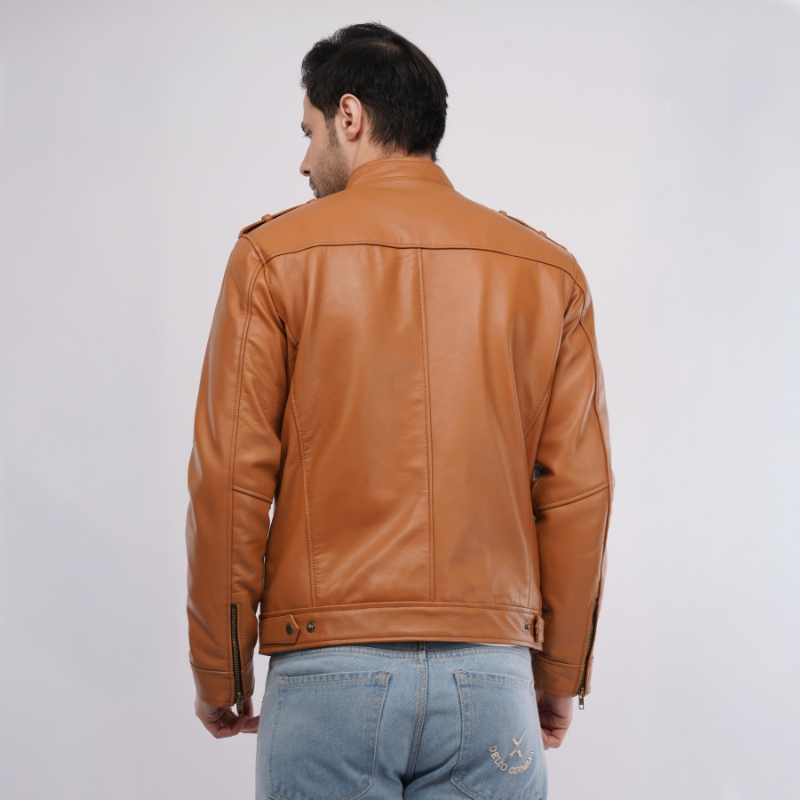 Man wearing a brown leather jacket on a white background