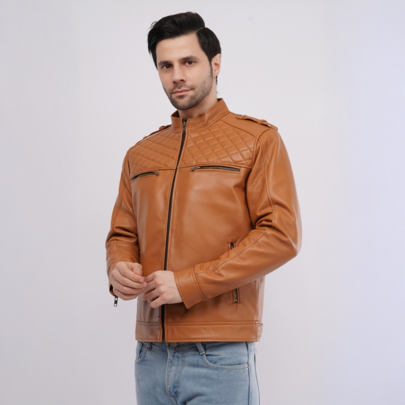 Man wearing a brown leather jacket on a white background