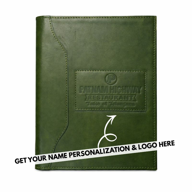 Green leather menu cover with Fatam Highway Restaurant logo on a white background