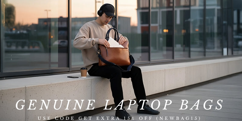 Person sitting on a ledge with a brown laptop bag, promotional text for genuine laptop bags.