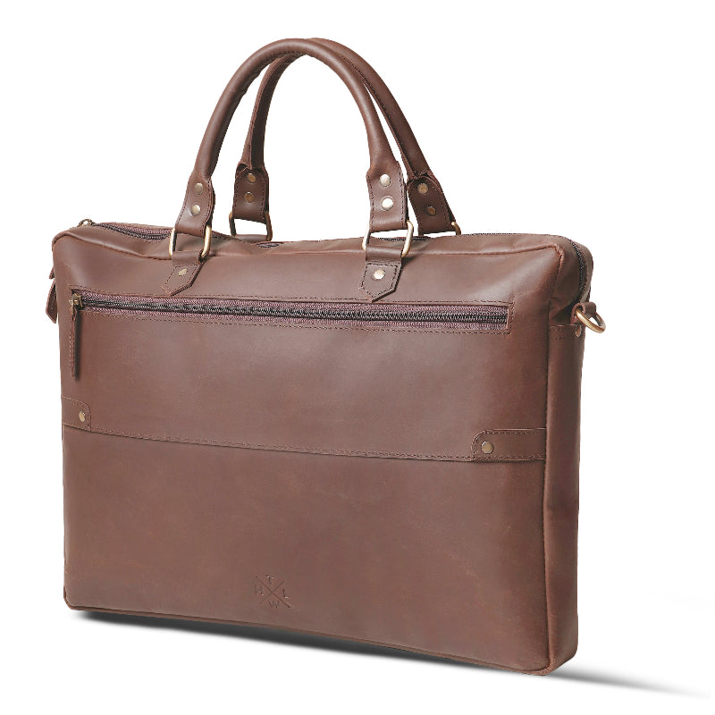 Brown leather briefcase on a white background