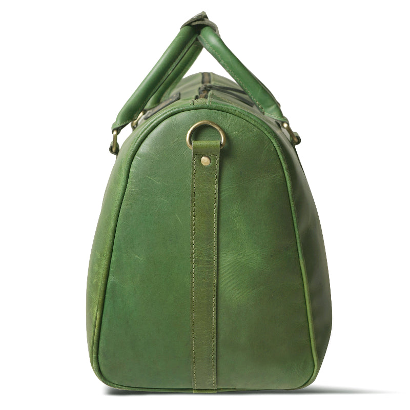 Green leather duffel bag on a white background