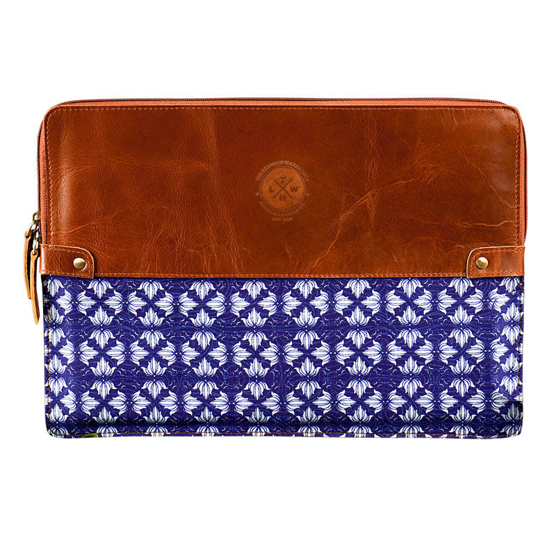 Half leather Laptop sleeve with lotus design in blue