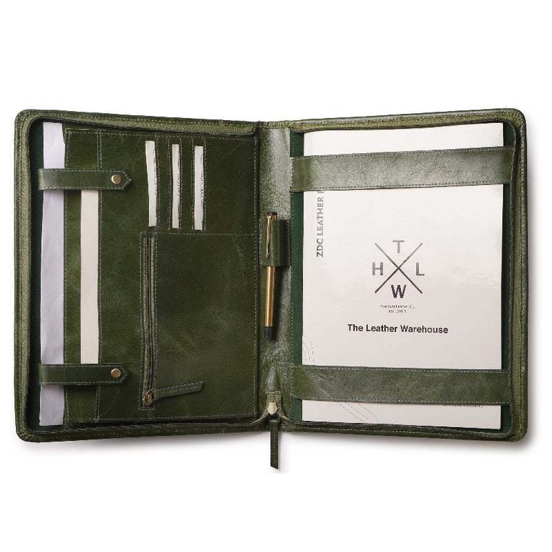 Green leather file folder