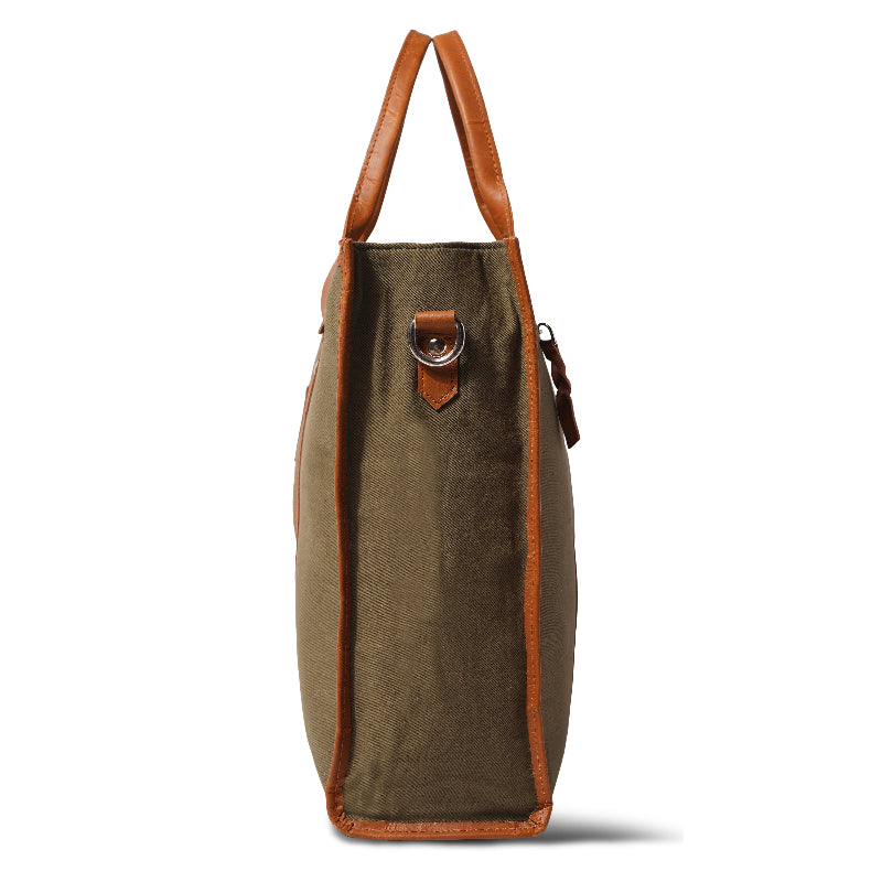 Green tote bag with brown handles and trim on a white background