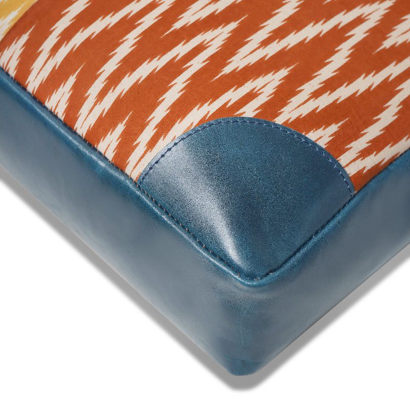 Close-up of a product with a patterned top and blue base