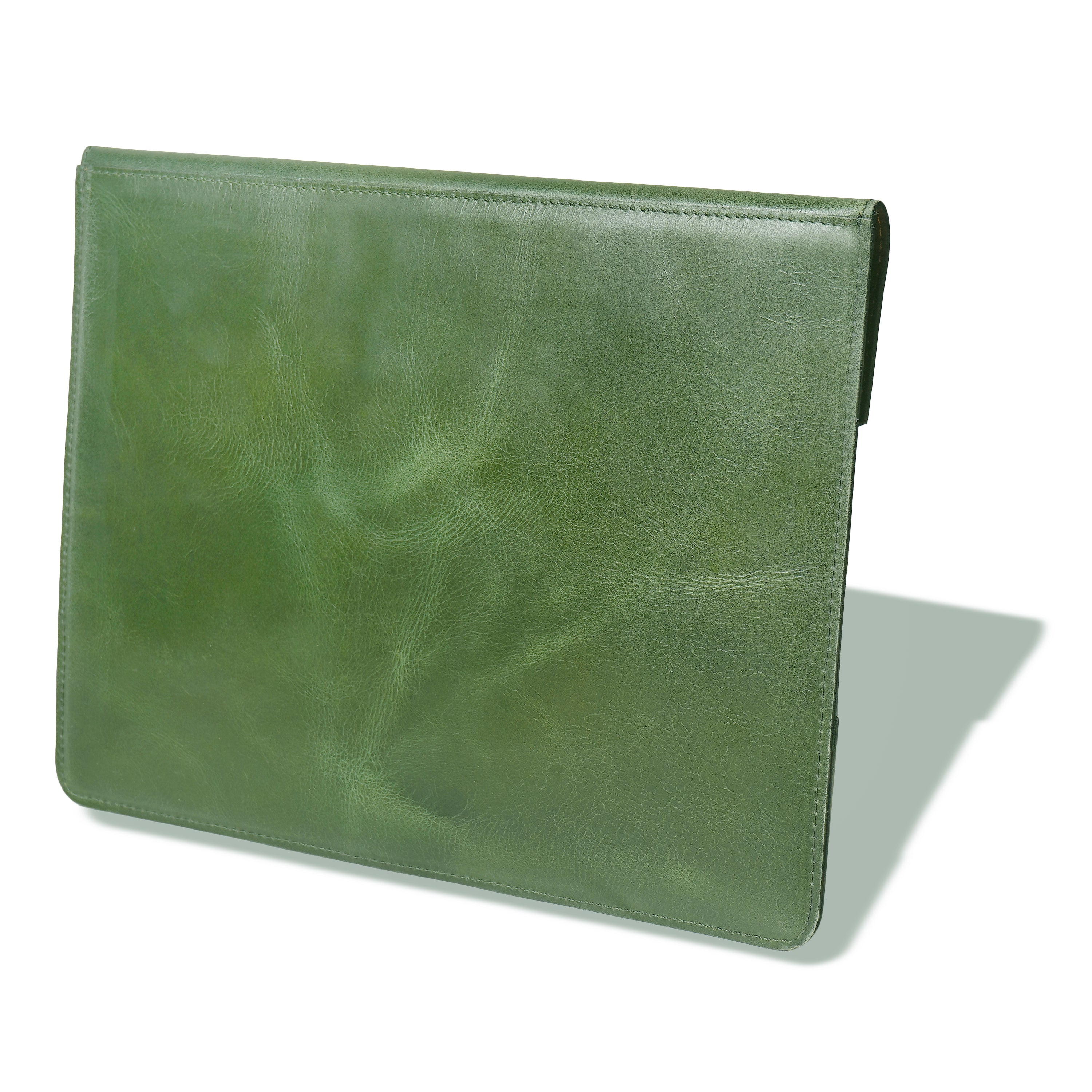 Green leather case on a white background