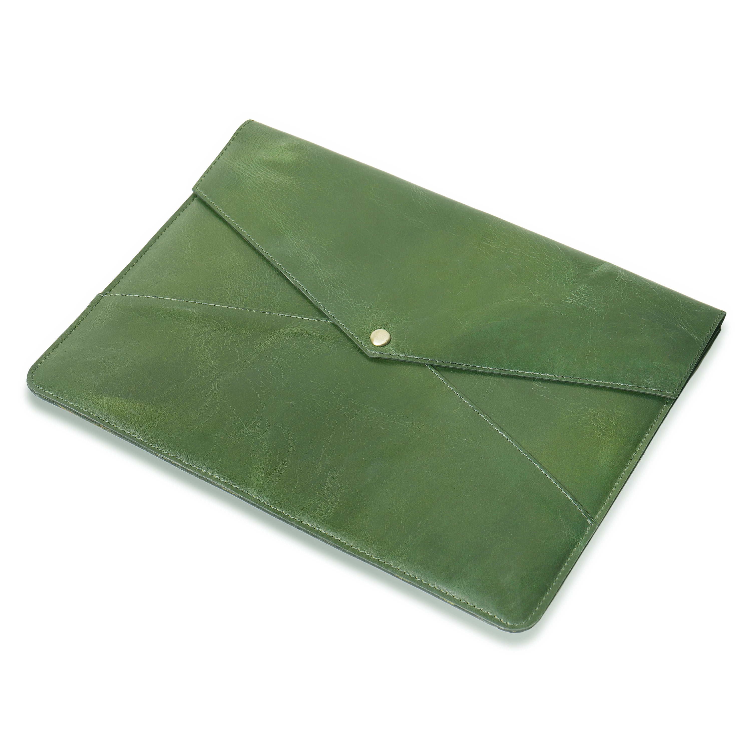 Green leather envelope-style pouch on a white background