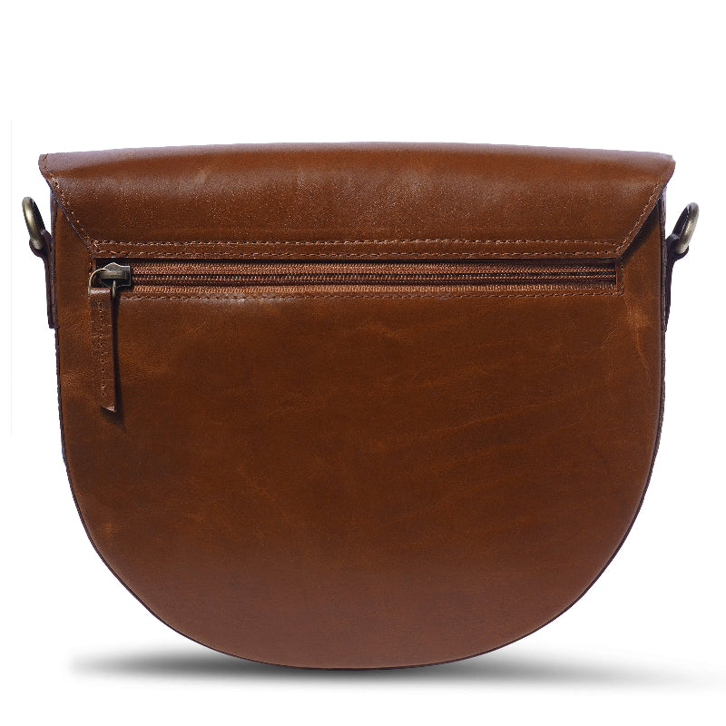 Brown leather bag with a zipper on a white background