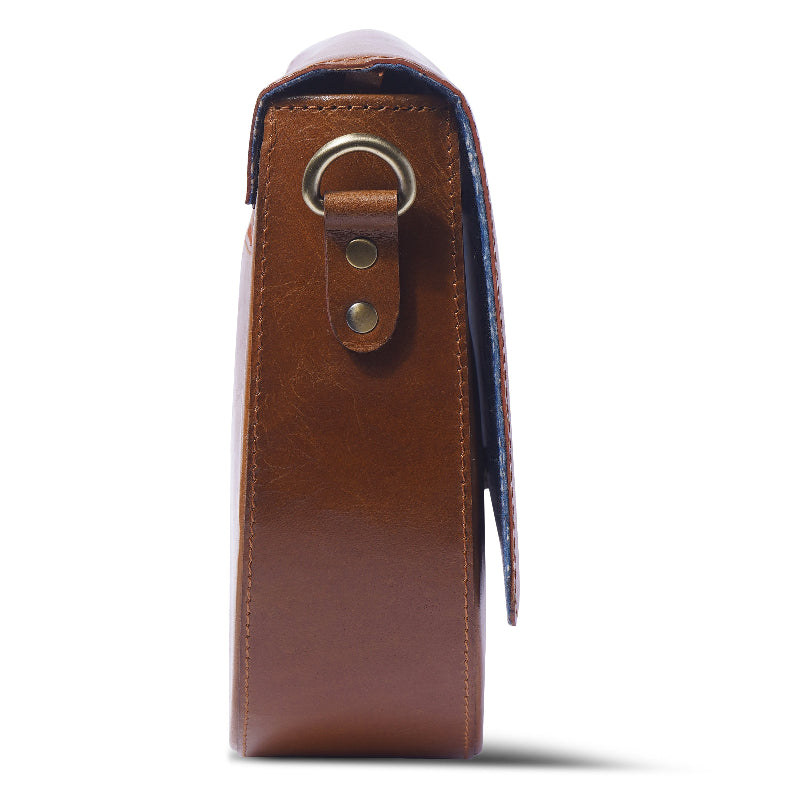 Brown leather case with a strap on a white background