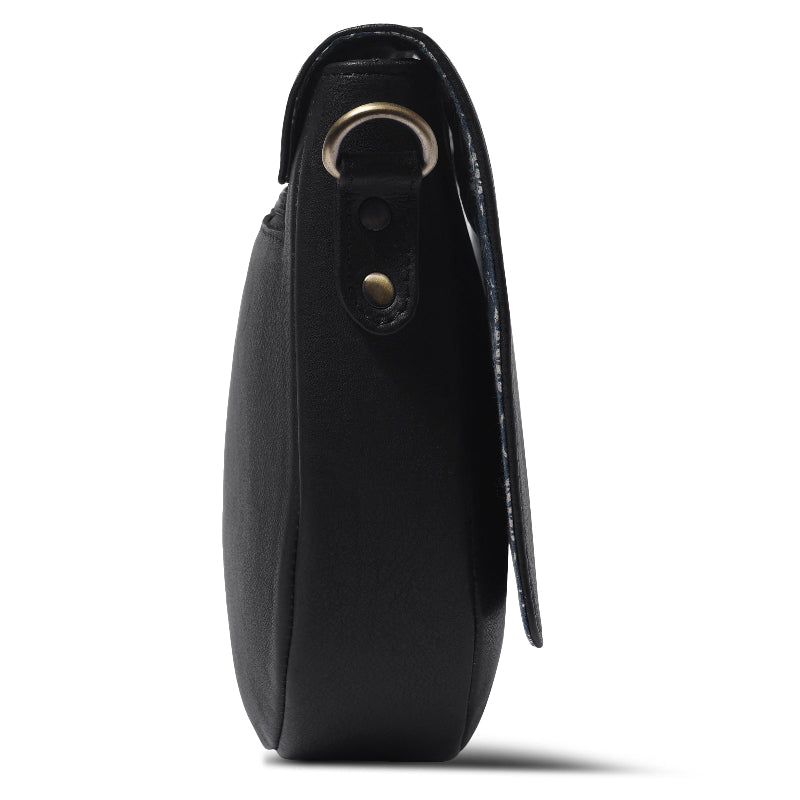 Black leather bag with a strap on a white background