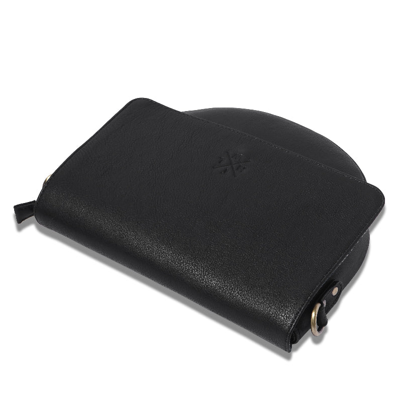 Black leather wallet with a brand logo on a white background