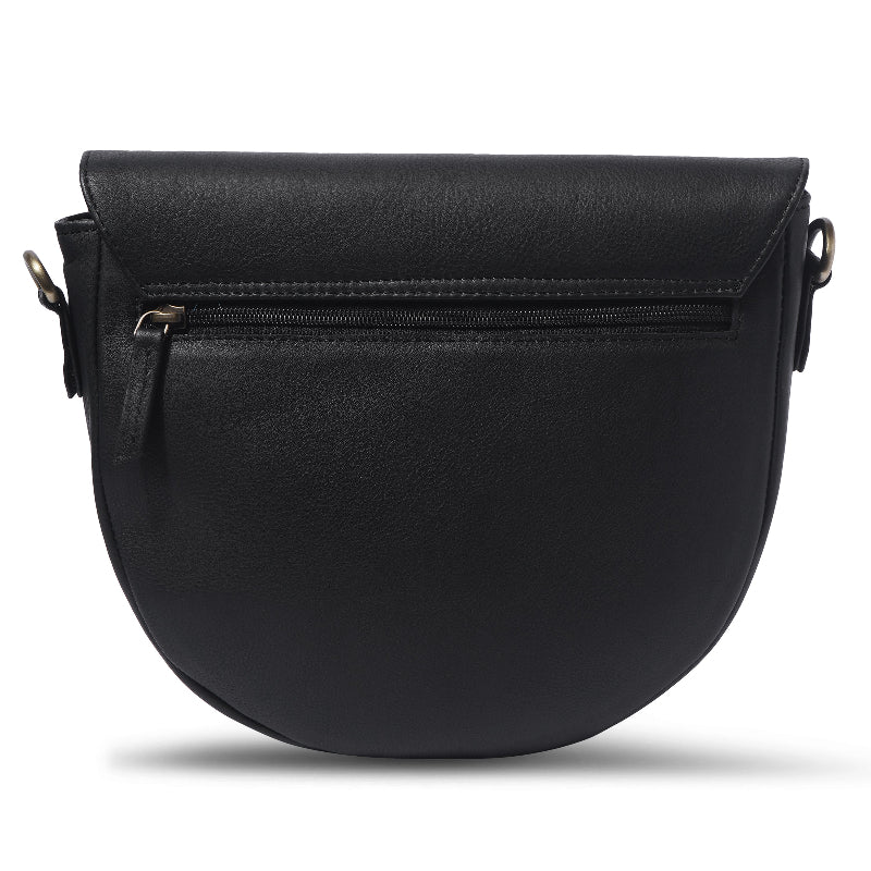 Black leather saddle bag on a white background