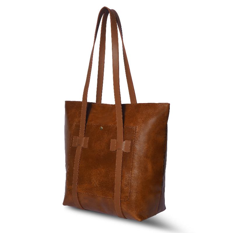 Brown leather tote bag on a white background