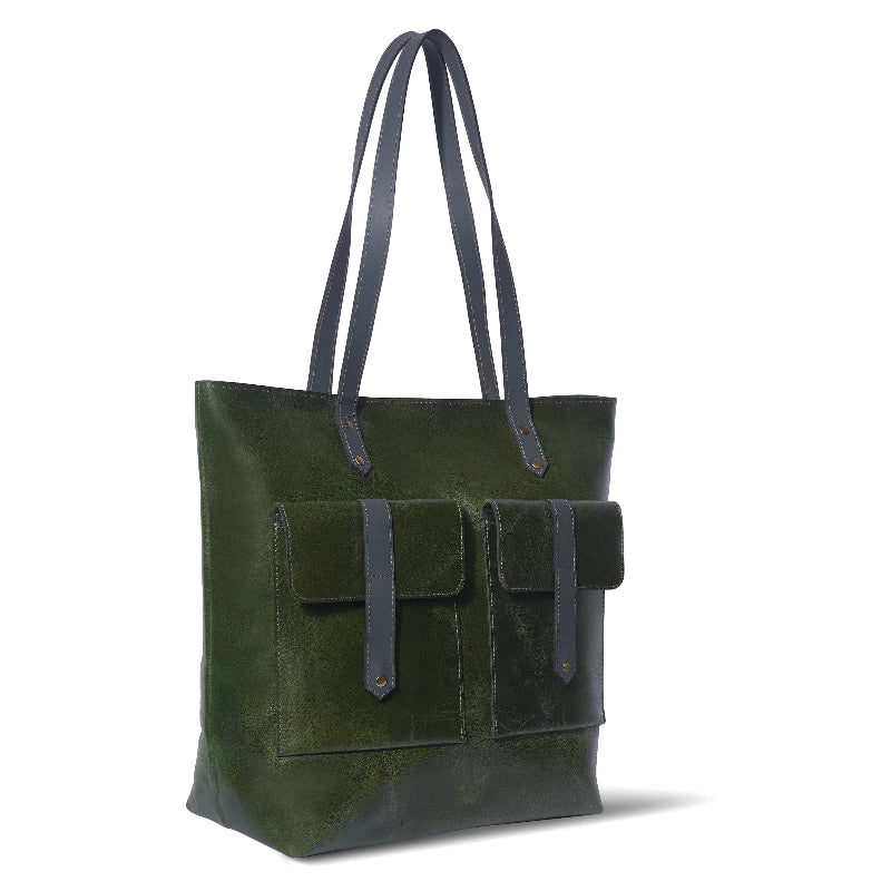 Green leather tote bag with dark gray straps on a white background