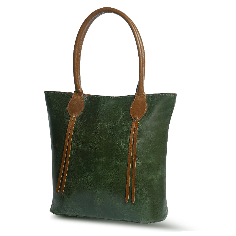 Green tote bag with brown handles and straps on a white background