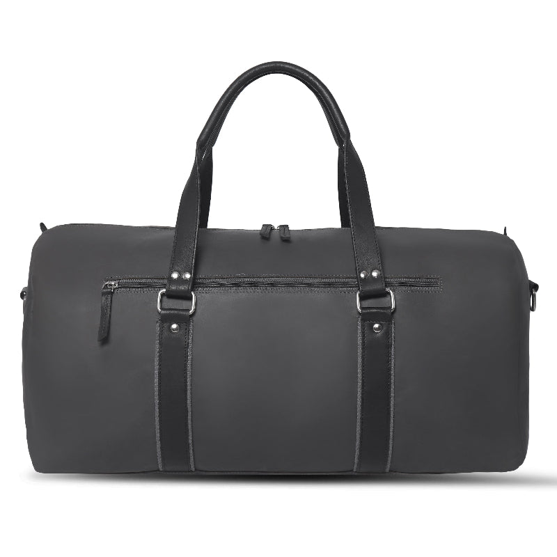 Black leather duffel bag on a white background