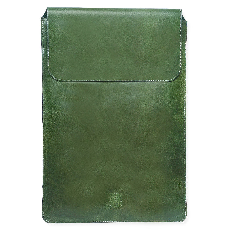Green leather sleeve on a white background