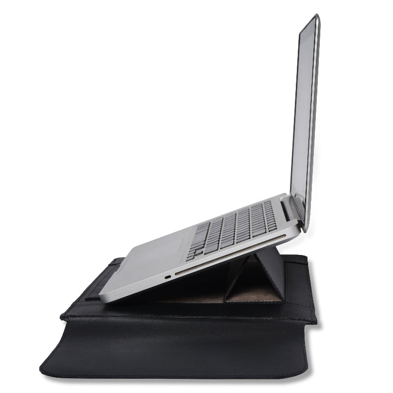 Laptop on a black stand on sleeve with a white background