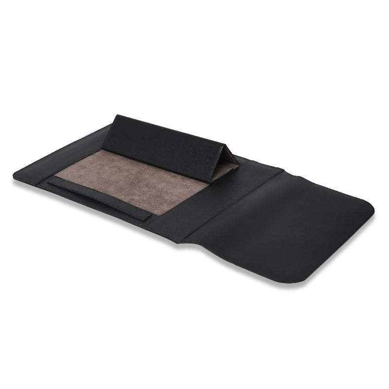 Black mat sleeve with a brown textured area on a white background