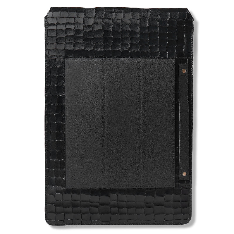 Black crocodile-patterned leather case on a white background