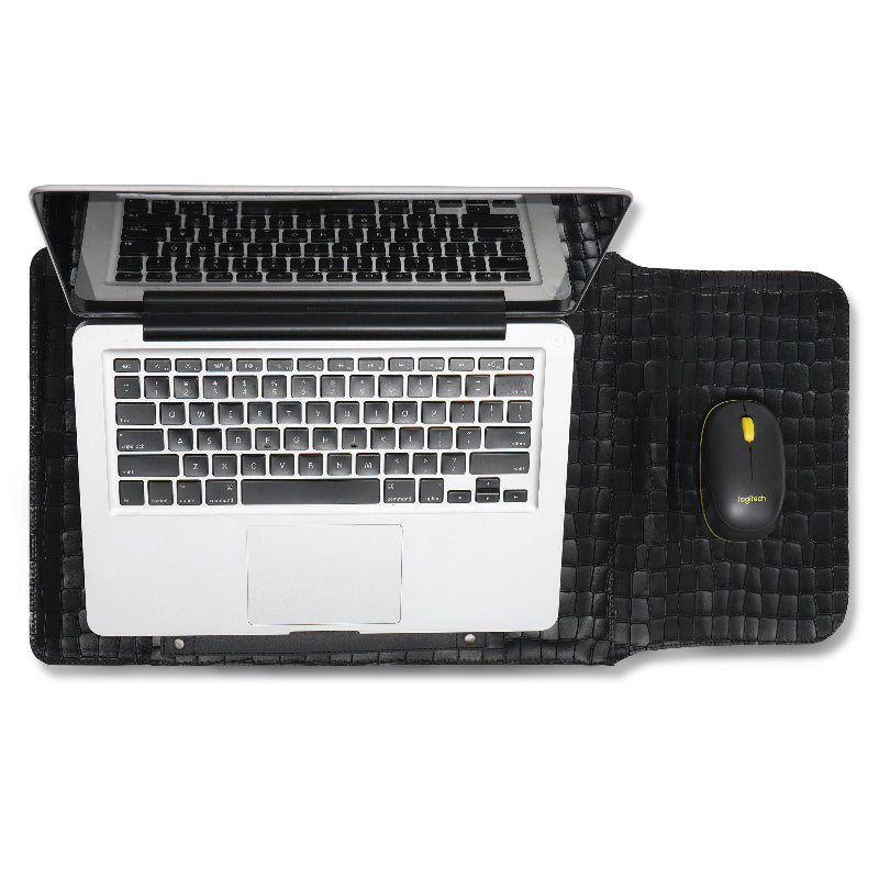 Black laptop sleeve with keyboard, mouse, and laptop on a white background