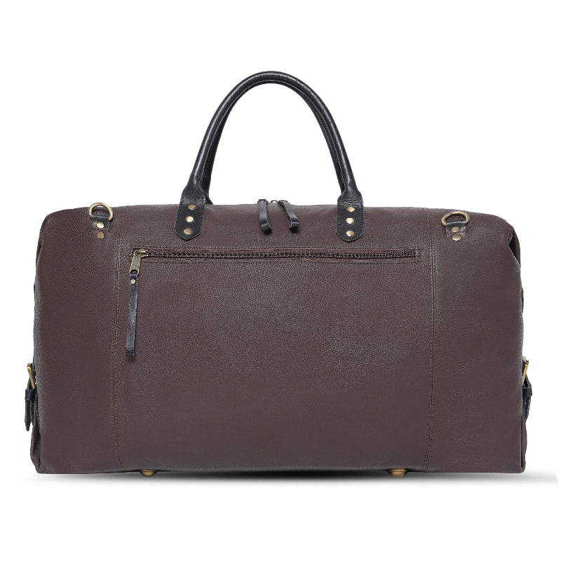 Brown leather duffel bag with black handles on a white background