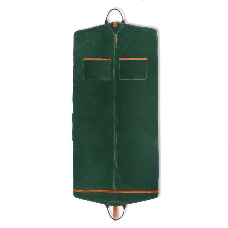 Green garment bag with orange accents on a white background