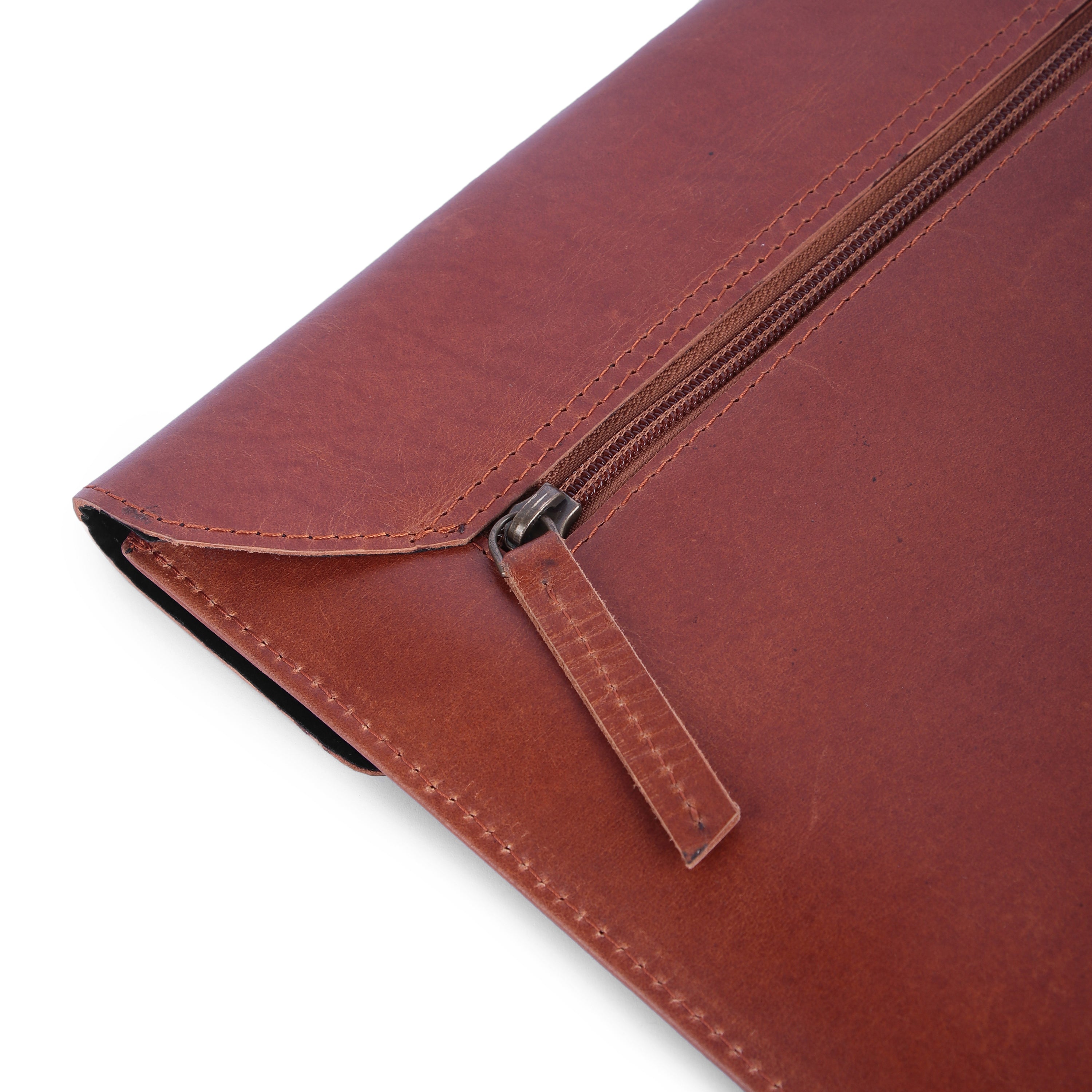 Close-up of a brown leather pouch with a zipper on a white background