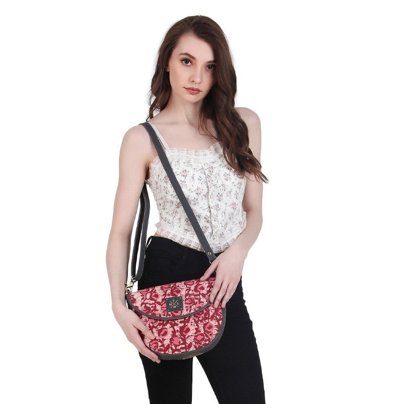Women’s red floral crossbody bag with adjustable strap, stylish sling purse