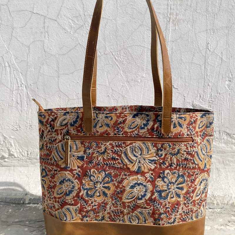 backside leather and kalamkari fabric tote handbag