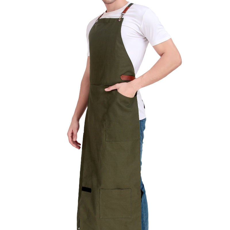 Man wearing a green apron on a white background