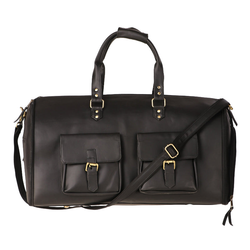 Black leather duffel bag with gold buckles on a white background