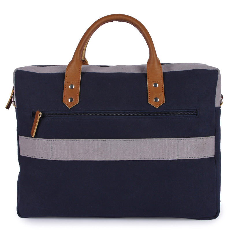 blue canvas laptop bag with back zipper