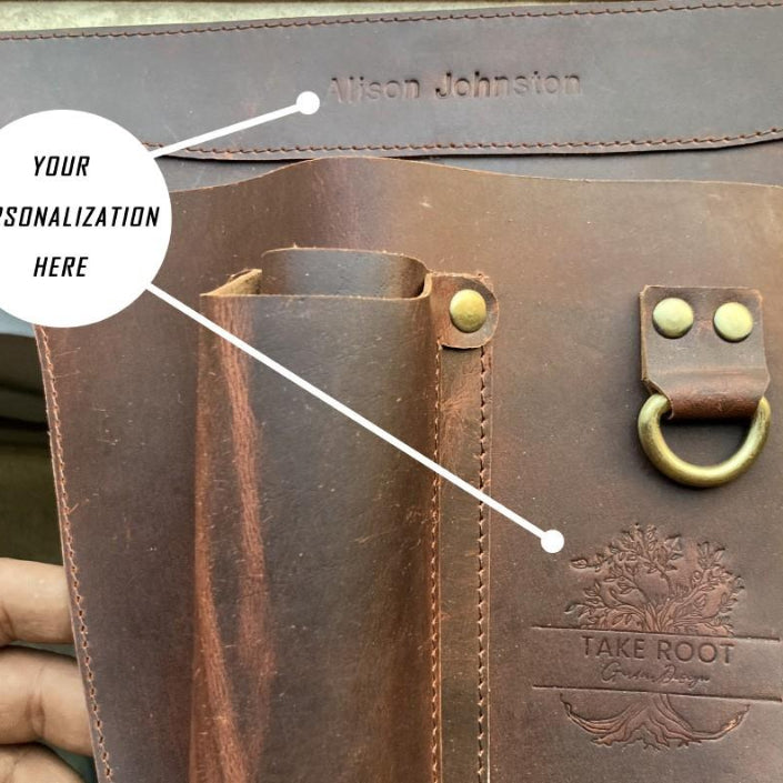 Adjustable leather personalized gardening tool belt with storage for pruners, trowels & garden shears.