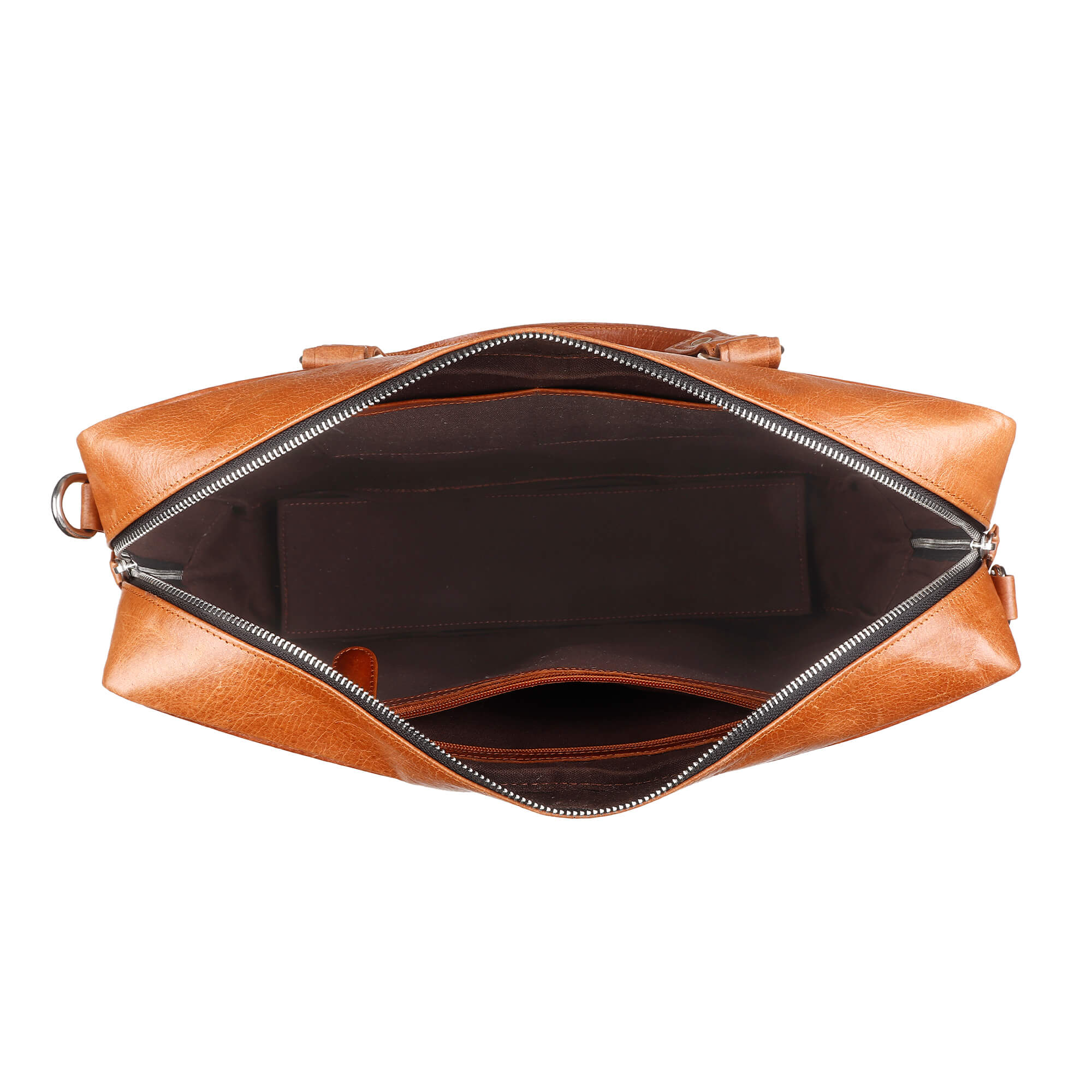 Brown leather handbag with open zipper on a white background