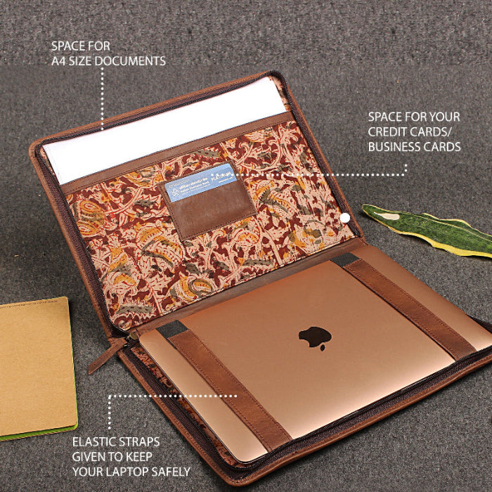 Laptop case with compartments for A4 documents, cards, and elastic straps on a gray background