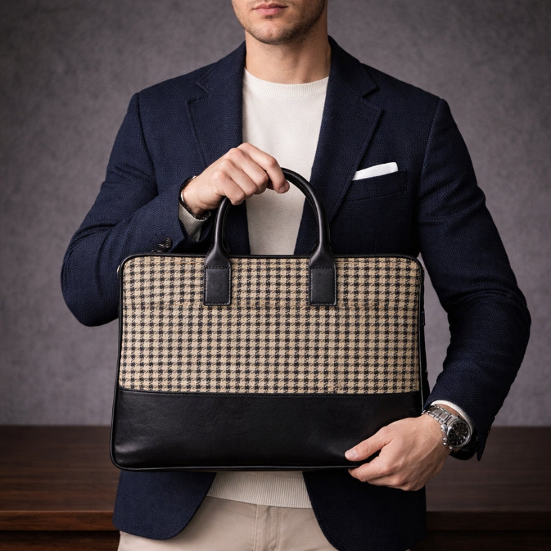 Man holding a checkered canvas & leather bag with a dark jacket and white shirt against a gray background