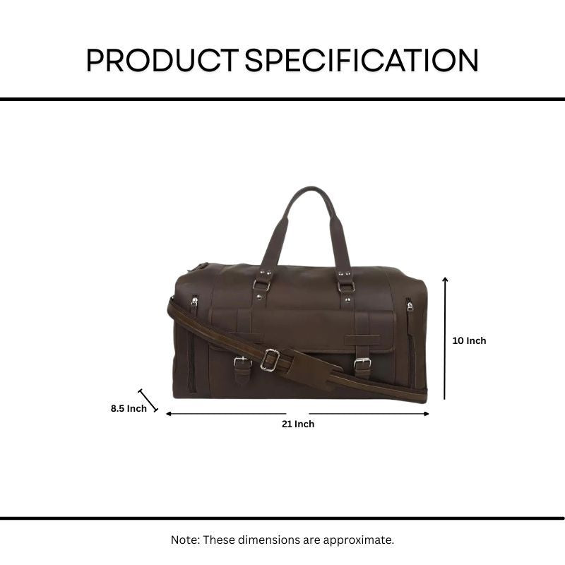 Brown duffel bag with dimensions labeled on a white background