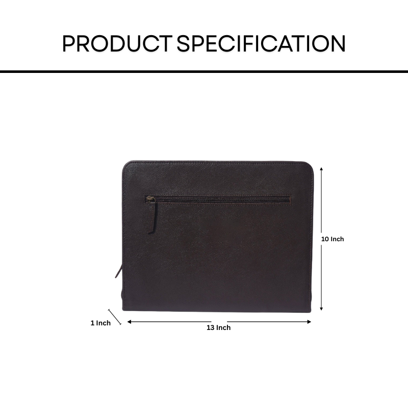 Black leather file folder with measurements on a white background