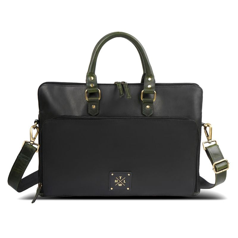 Black leather briefcase with gold accents on a white background