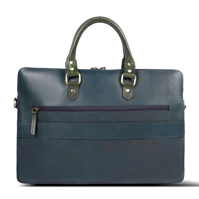 Back view of navy blue leather bag with zipper pocket.