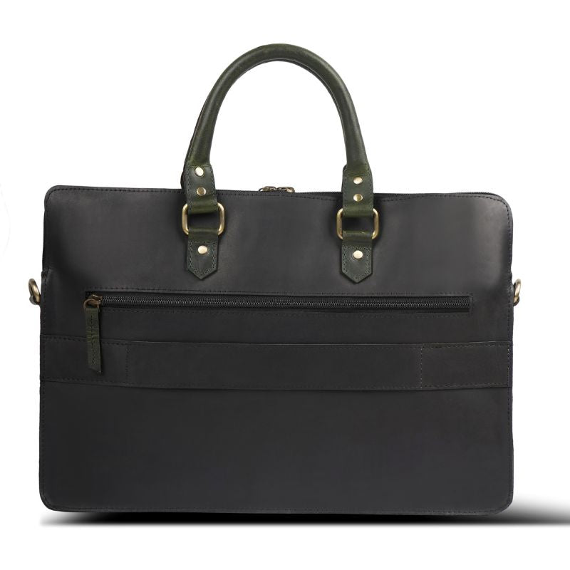 Black leather briefcase with green straps on a white background