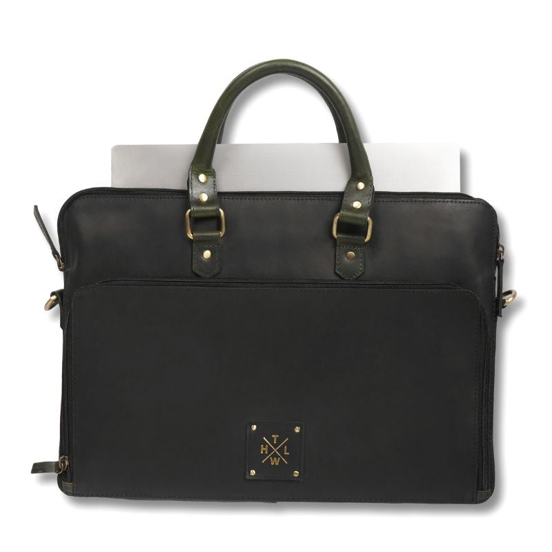 Black leather briefcase with gold hardware on a white background