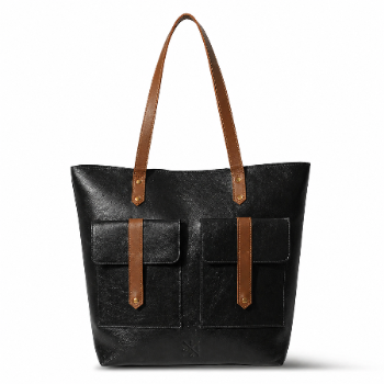 Black tote bag with brown straps on a white background