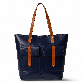 Navy blue tote bag with brown leather accents on a white background