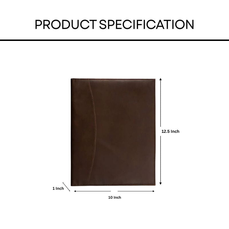 Brown leather file folder with dimensions labeled on a white background