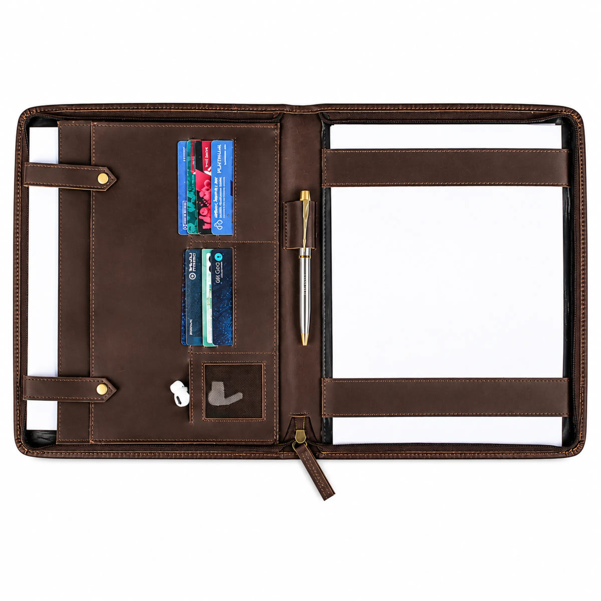 Dark brown leather folder with front zipper pocket and embossed logo.